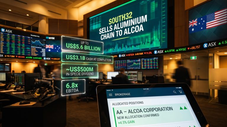 South32 Alcoa deal data panels showing US$5.6B sale price and ~US$500M in-specie dividend on trading screens