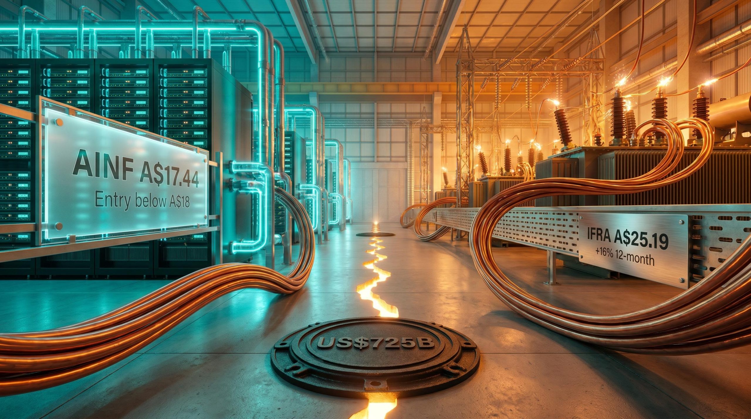 ASX AI ETFs AINF and IFRA compared — data-centre cooling rack vs power grid with entry prices displayed