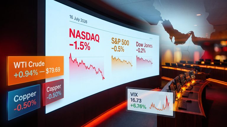 NASDAQ -1.5% vs Dow -0.2% on 16 July 2026 market data wall signals stagflation risk in US market analysis