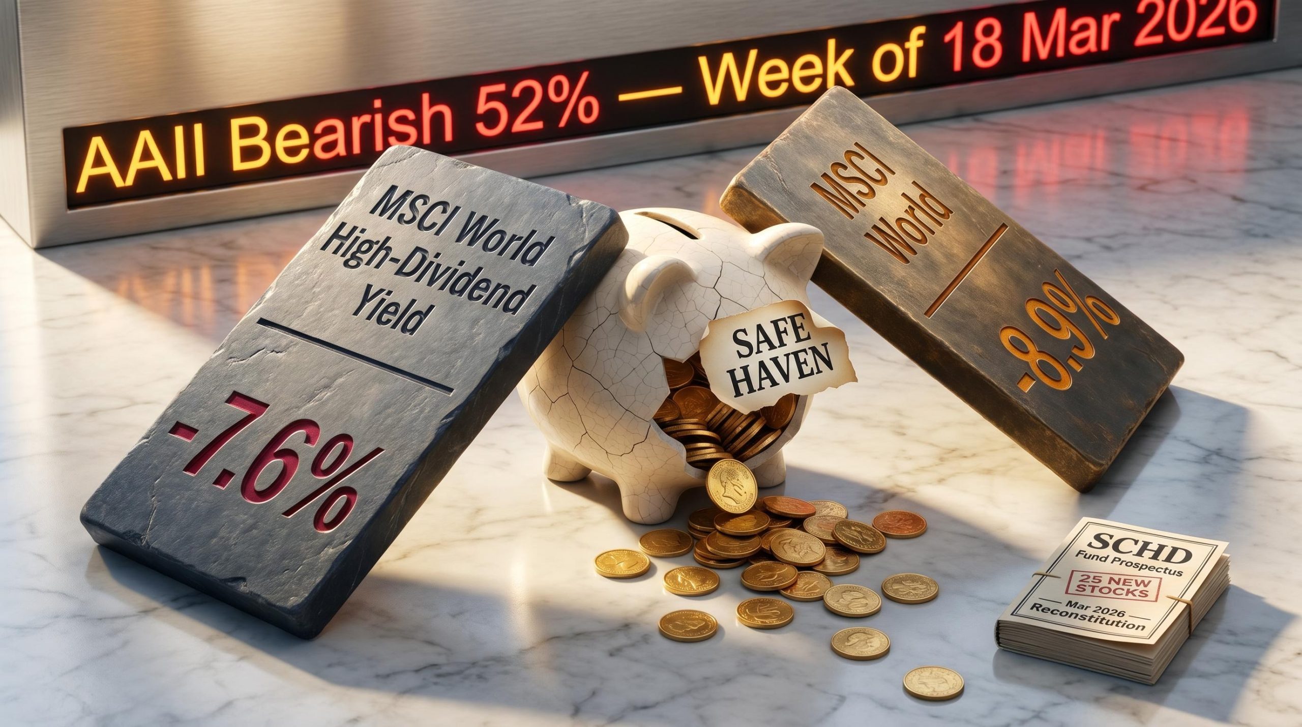 MSCI World High-Dividend Yield vs MSCI World drawdown placards with AAII 52% bearish sentiment board, exposing high dividend stocks safe-haven myth