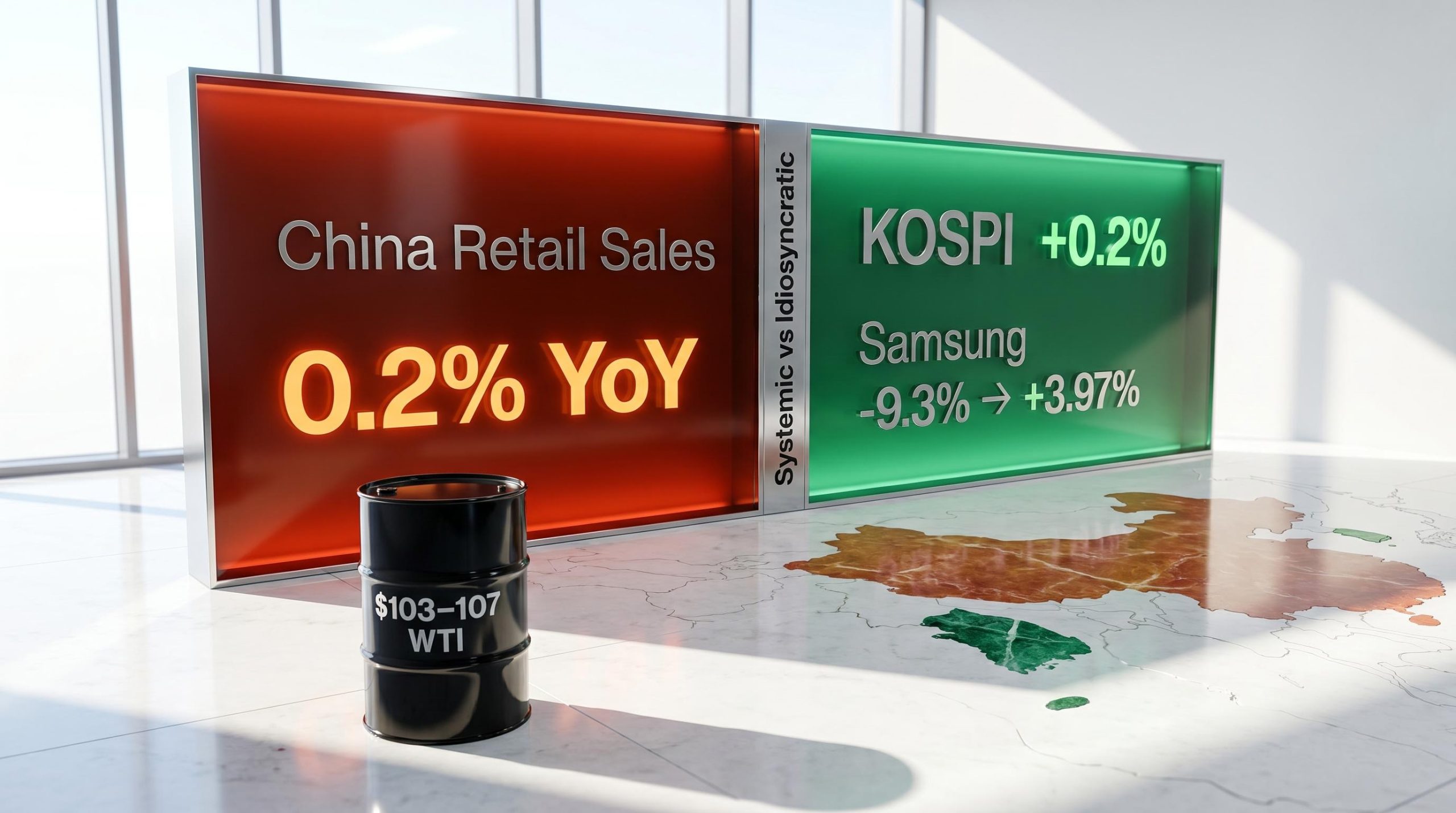 Split data panel showing China's 0.2% retail sales miss versus KOSPI gain, illustrating Asian stock market risk divergence