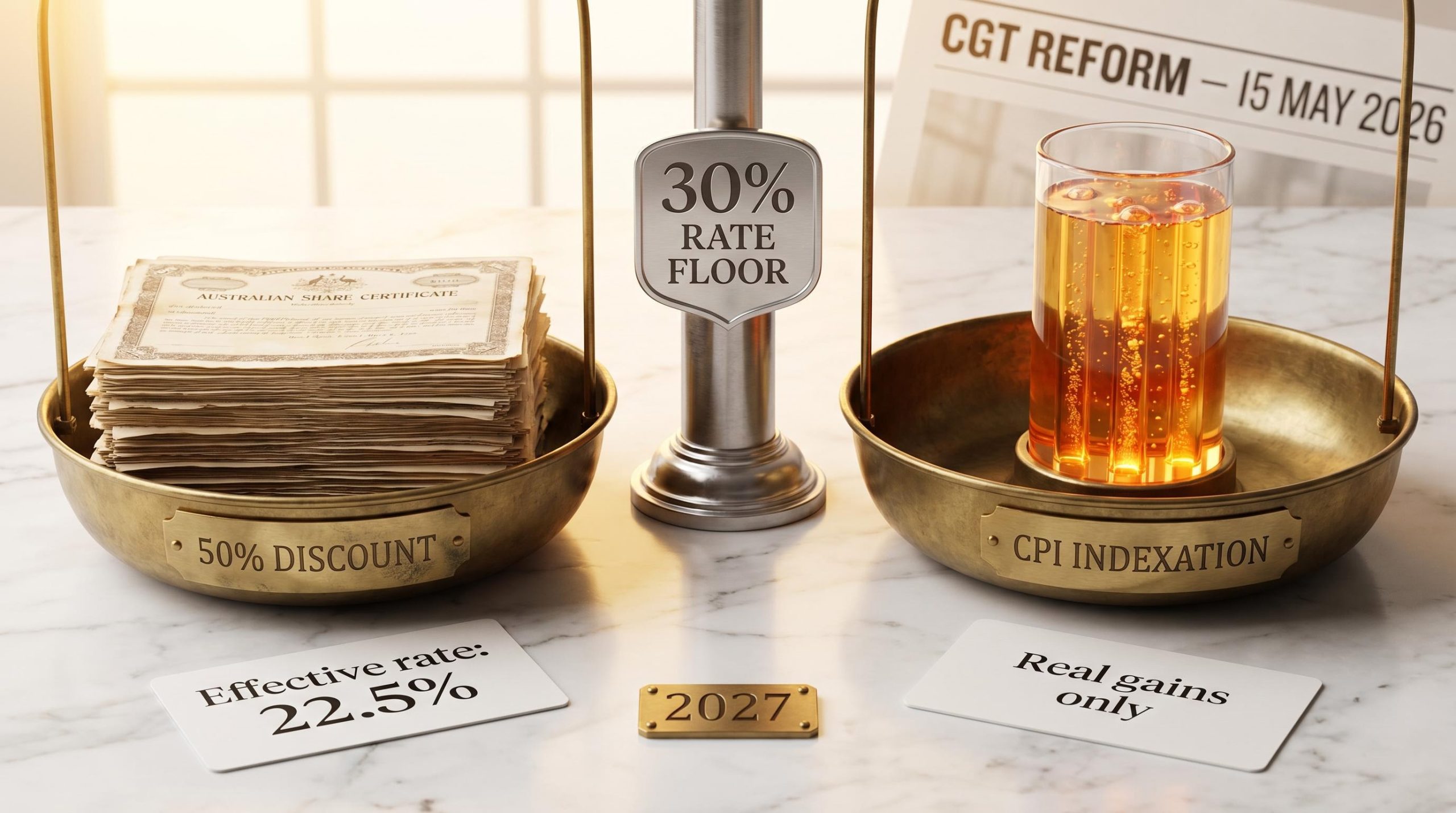 Brass balance scale weighing Australia's 50% CGT discount against CPI indexation under 2027 capital gains tax reforms