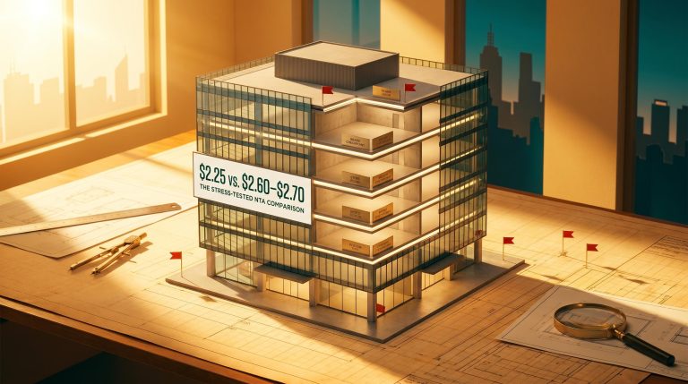 Five-test ASX REIT valuation framework shown as a cross-sectioned building model with stress-tested NTA figures