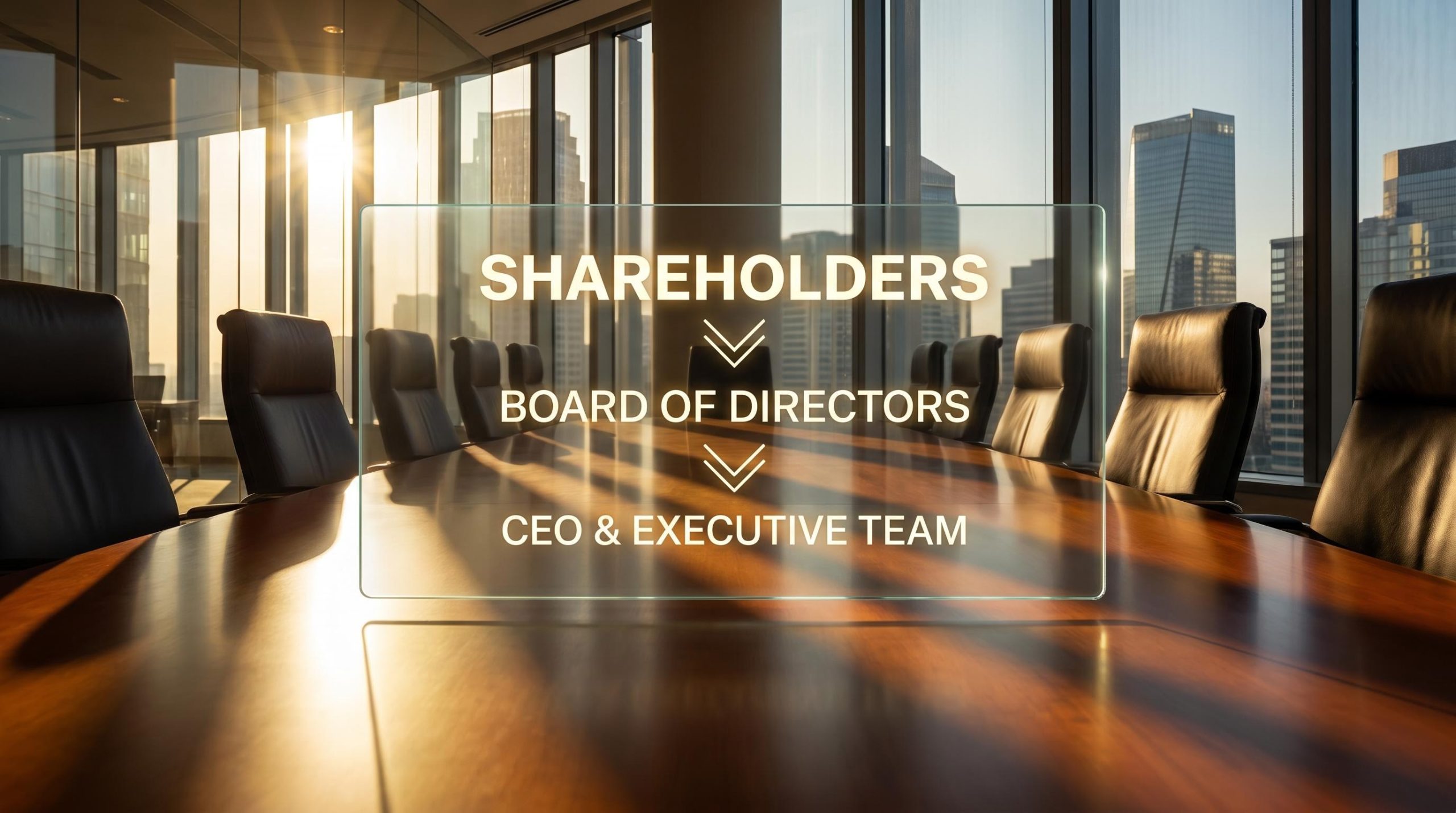 Corporate boardroom with a three-tier authority hierarchy overlay showing who runs a public company
