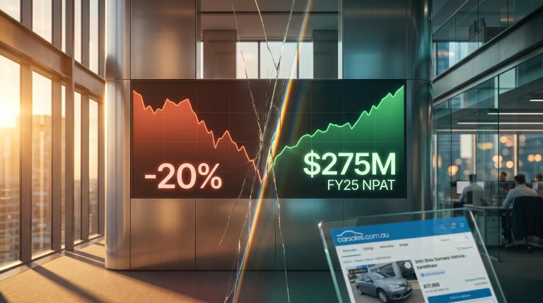 CAR Group share price down 20% in 2025 split against verified $275M FY25 profit on illuminated display panel