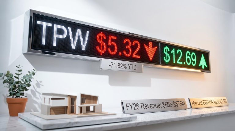 TPW share price ticker showing $5.32 vs analyst consensus target $12.69 with -71.82% YTD decline on chrome panel