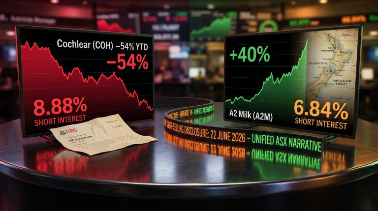 ASX short interest data panels for Cochlear 8.88% and A2 Milk 6.84% on a dark trading desk, 22 June 2026