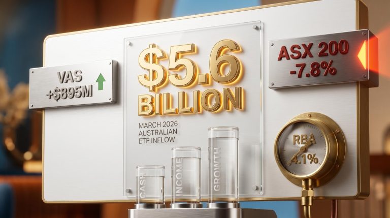 ASX ETF dashboard showing $5.6B March 2026 inflows, VAS $895M, and RBA 4.1% rate — investing in volatile markets
