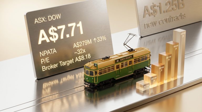 Downer EDI tram model beside financial placard showing A$7.71 share price, NPATA A$279M and broker target A$8.18