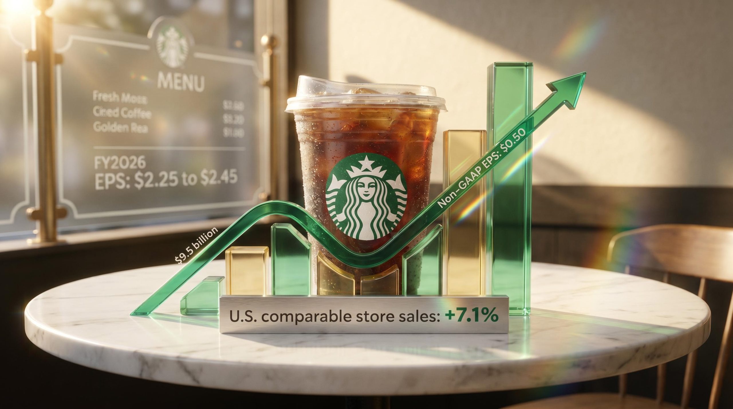 Starbucks stock surging with an iced coffee display showing 7.1% U.S. comparable sales and $9.5 billion in Q2 revenue.