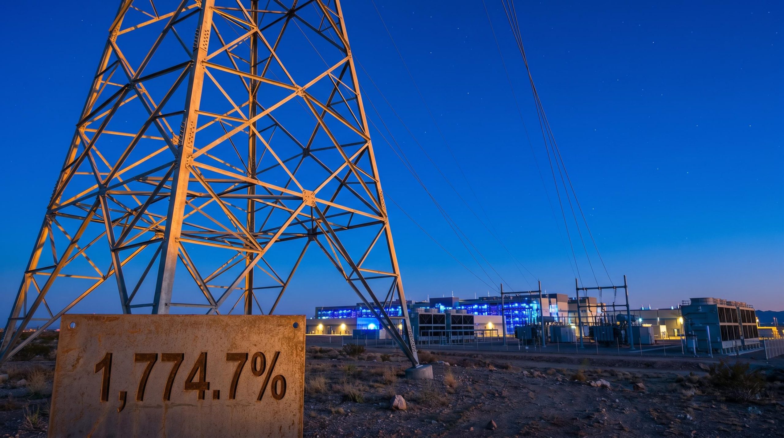 High-voltage transmission tower feeding an AI data centre complex, with Bloom Energy's 1,774.7% return etched on steel