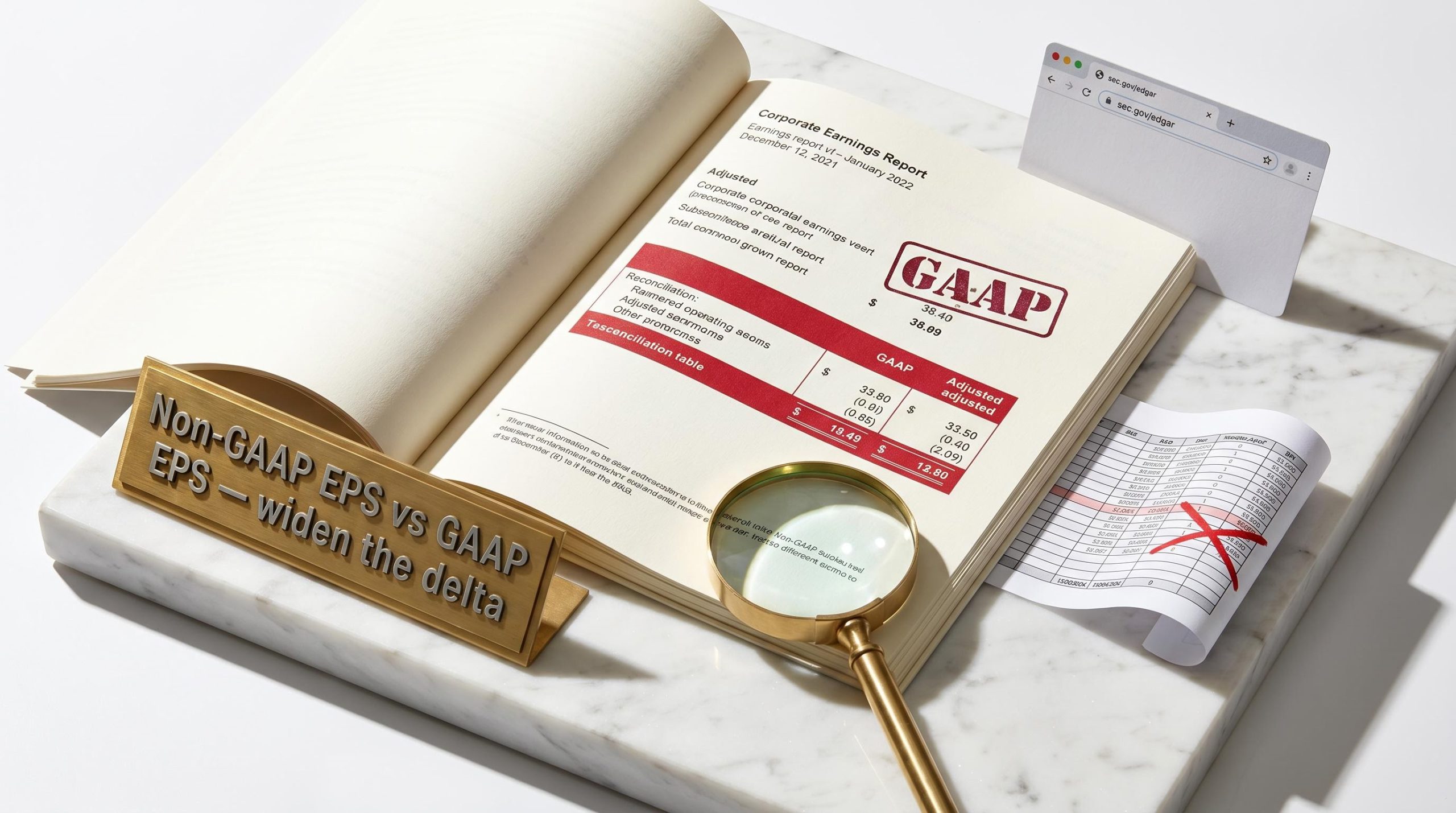 Earnings report document with GAAP delta reconciliation table, magnifying glass, and disappeared metric log for investors