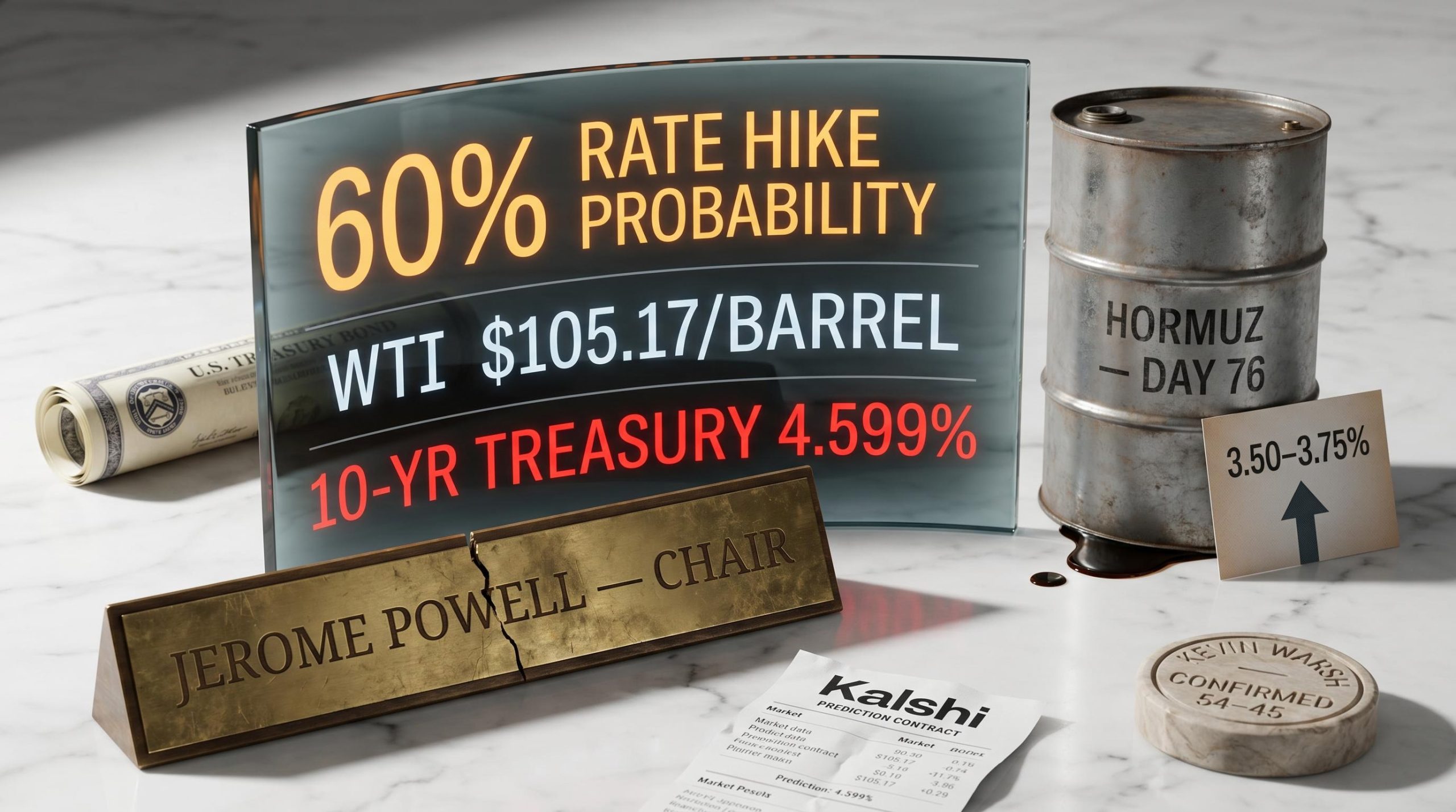 Cracked Powell nameplate beside oil barrel and screen showing 60% Federal Reserve rate hike probability on May 15 2026