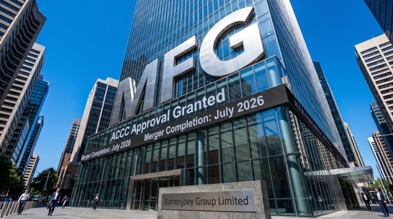 Skyscraper with merger announcement