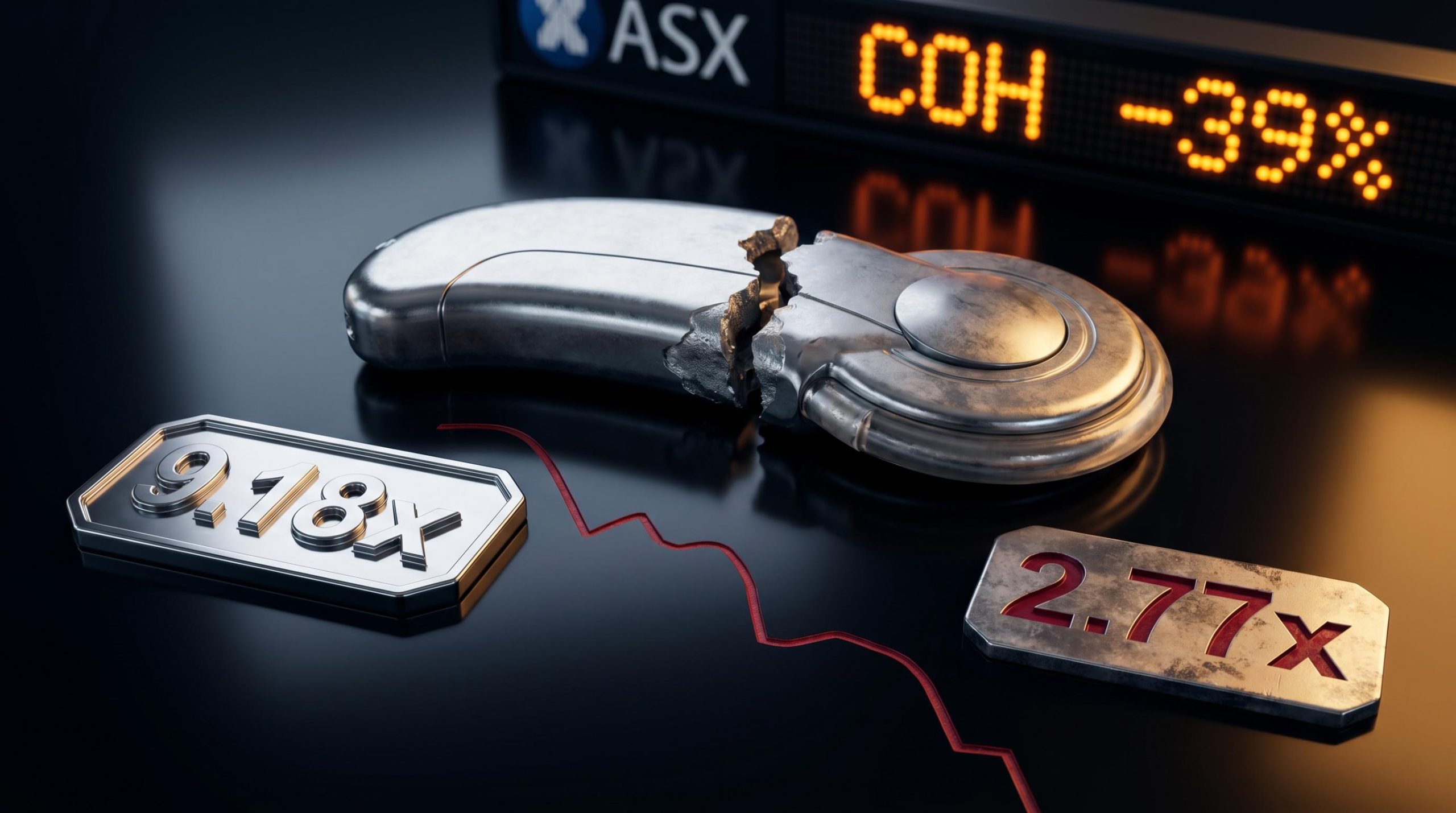 Fractured Cochlear implant on obsidian surface showing P/S compression from 9.18x to 2.77x after ASX earnings shock