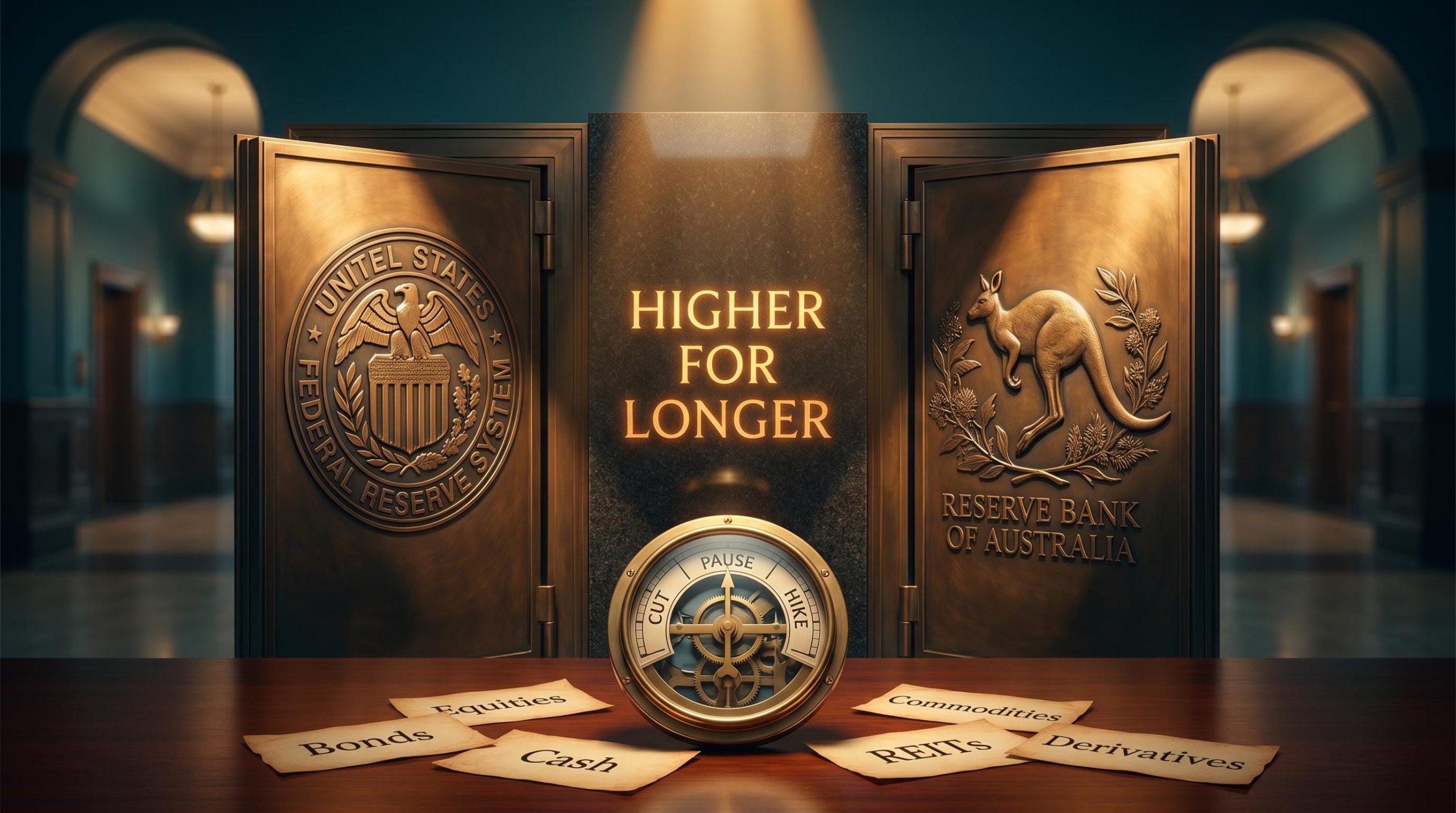 Two sealed central bank vault doors beside a frozen rate dial — Fed and RBA hold rates in June 2026 higher-for-longer environment