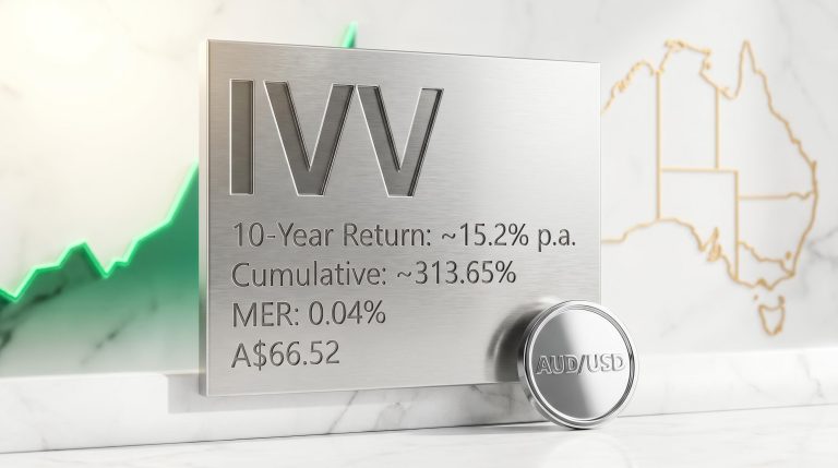 IVV ETF steel plaque showing 15.2% 10-year return, A$66.52 unit price, and 0.04% MER on marble surface