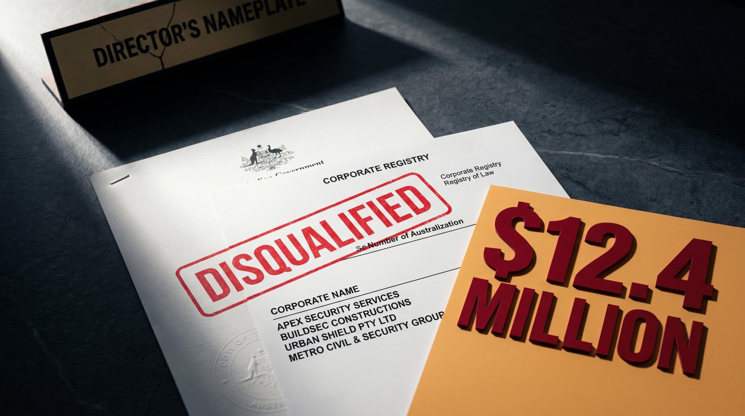 ASIC director ban document stamped DISQUALIFIED with $12.4 million creditor loss figure on stone desk