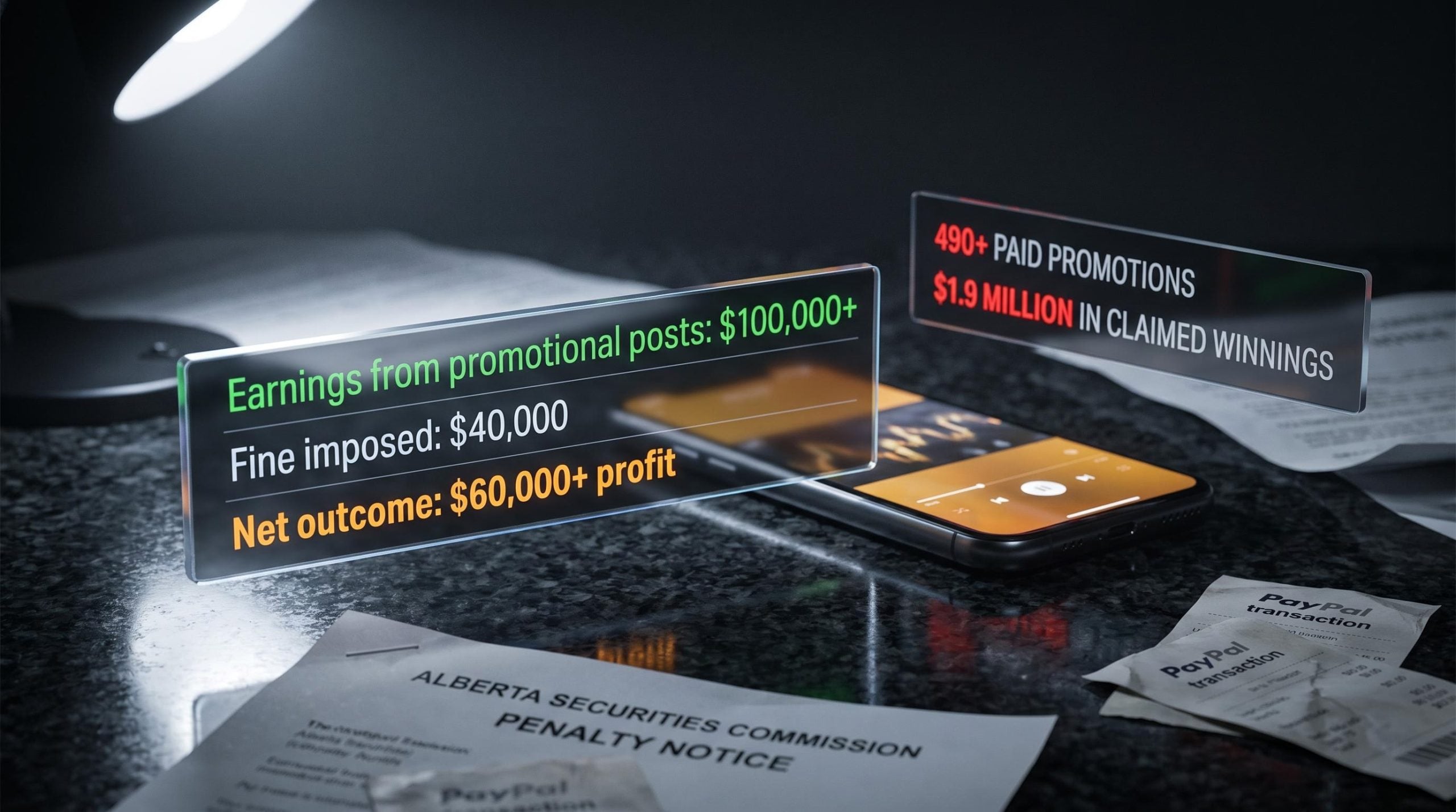 Finfluencer regulation penalty gap: $100K earned vs $40K fine shown as floating enforcement ledger