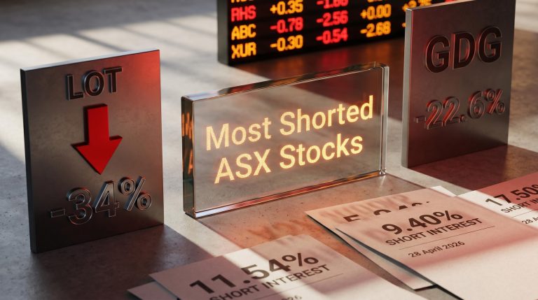 LOT and GDG ticker plaques with -34% and -22.6% drops — most shorted ASX stocks short interest analysis