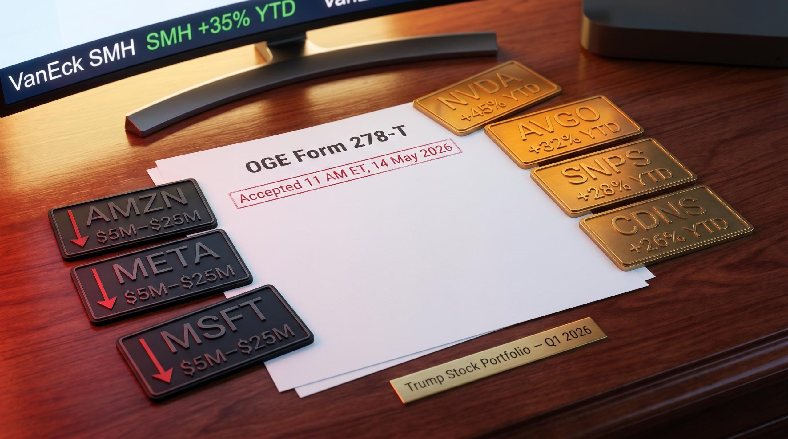 Trump stock portfolio OGE Form 278-T showing NVDA, AVGO buys and AMZN, META, MSFT sales in Q1 2026