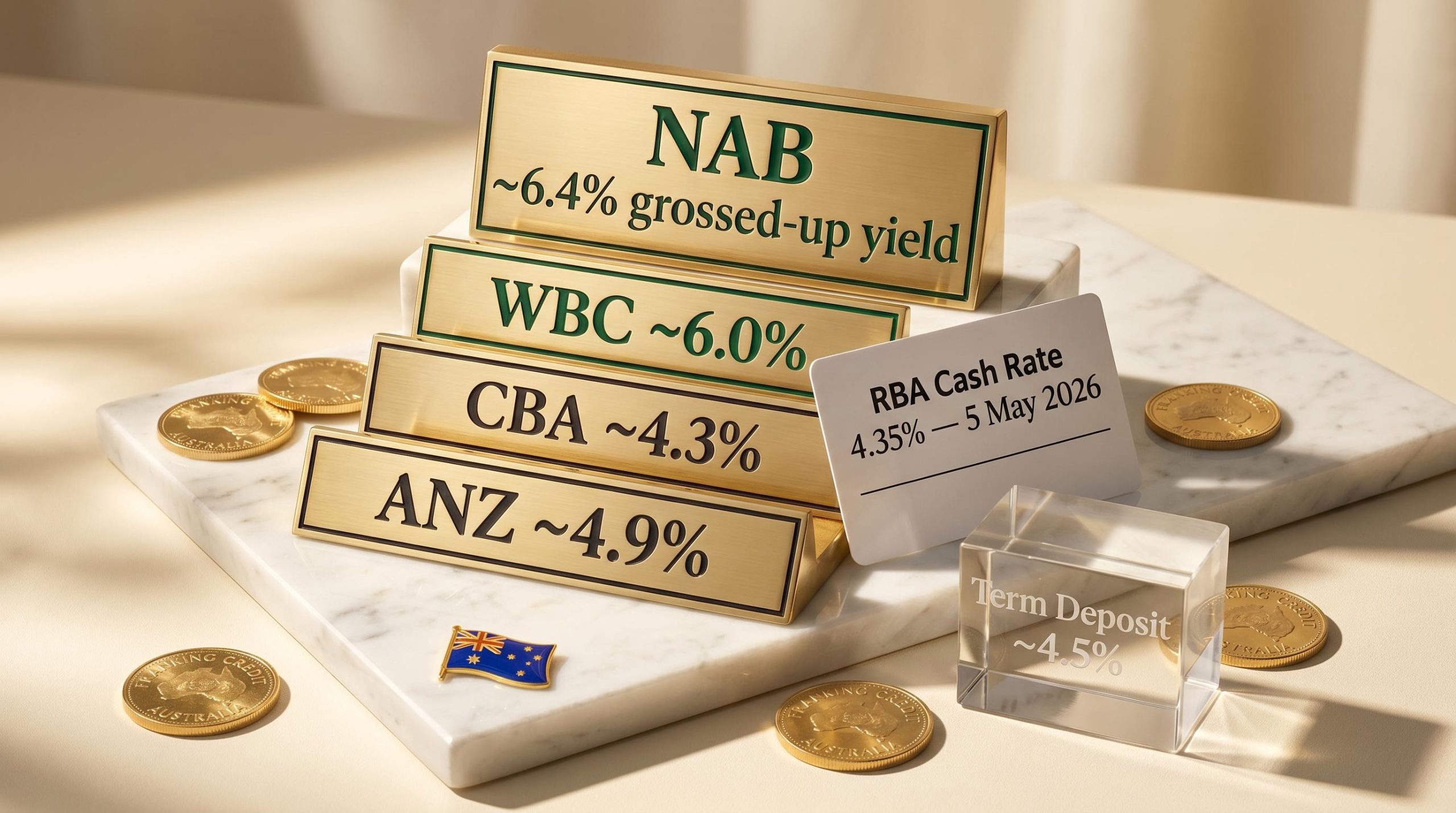 NAB grossed-up yield 6.4% leads Big Four Australian bank dividends vs 4.5% term deposit rate, May 2026