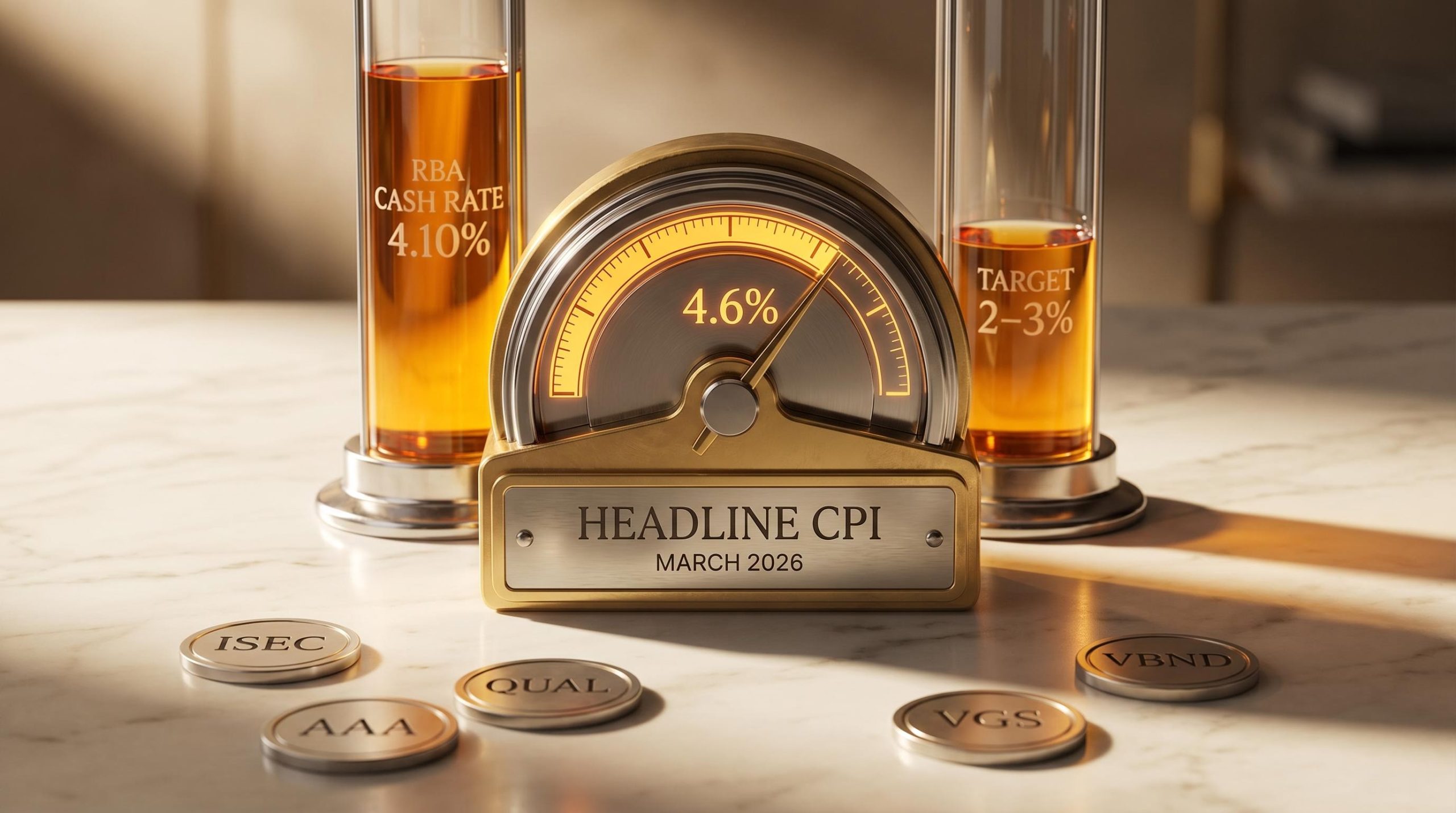 RBA cash rate gauge at 4.10% with CPI at 4.6% and ASX inflation ETF tickers on marble surface