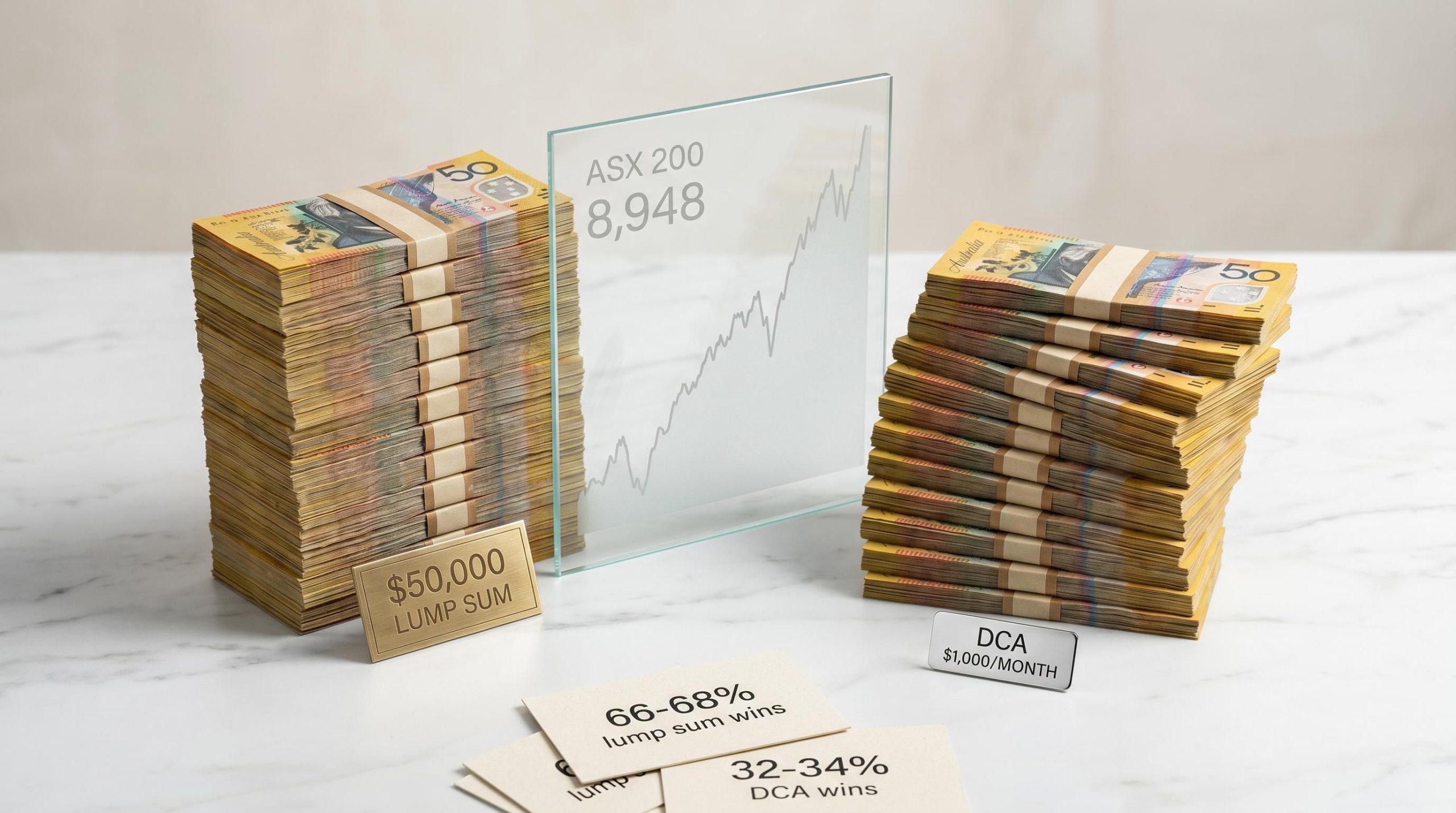 Two stacks of Australian $50,000 split into DCA monthly parcels vs lump sum, with ASX 200 at 8,948 on glass panel
