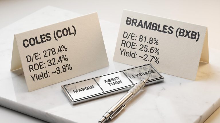 Coles and Brambles ASX metrics on etched index cards showing D/E, ROE, and dividend yield for financial metrics analysis
