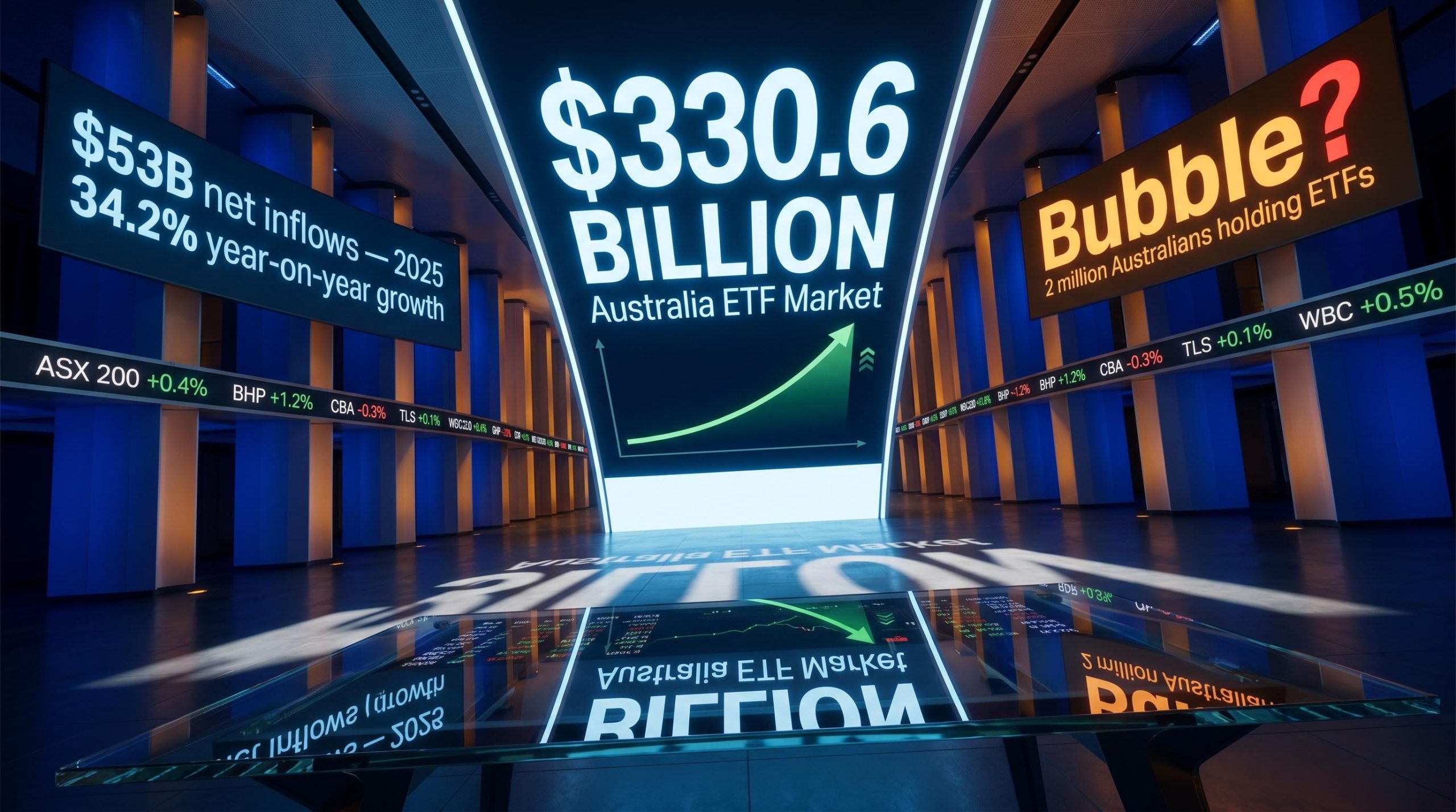 Australian ETF market $330.6B data screens in trading floor with analytical scrutiny overlay of ETF bubble question