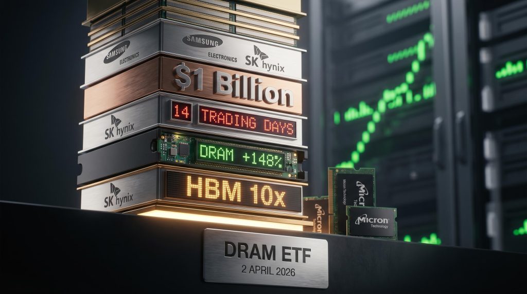 DRAM ETF memory chip stack displaying $1 billion in 14 trading days with Samsung and SK Hynix logos and price surge data