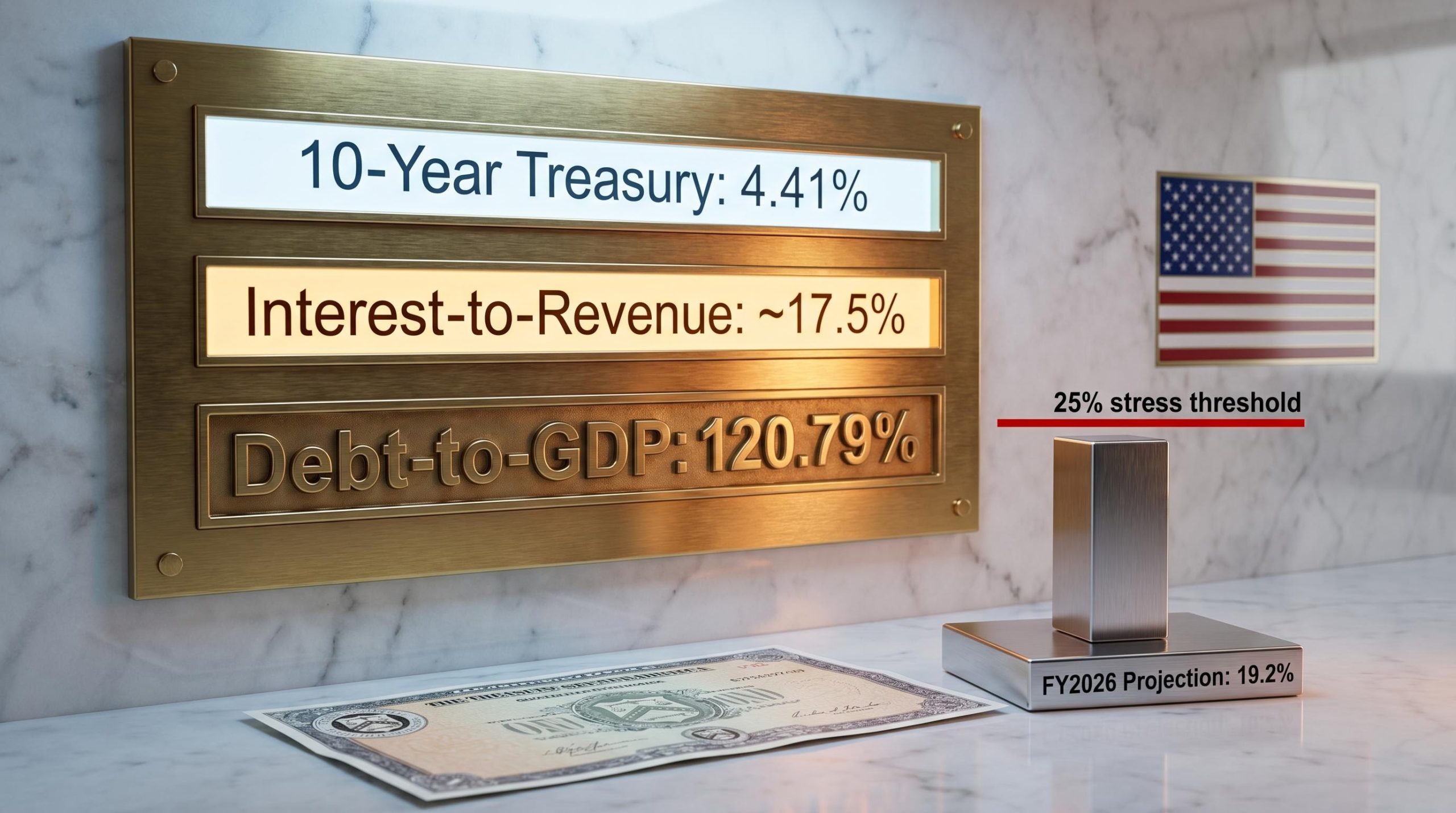 US Treasury bond and brass data plaque showing 10-year yield 4.41% and debt-to-GDP 120.79% — US fiscal health