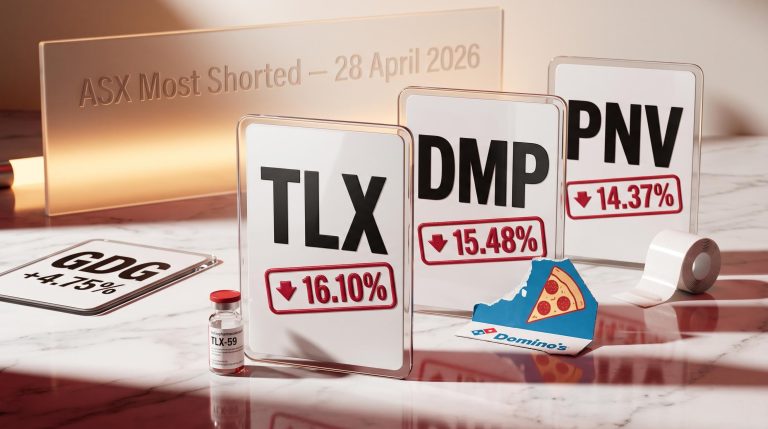 TLX leads ASX most shorted stocks at 16.10%, with DMP at 15.48% and PNV at 14.37% as of 28 April 2026