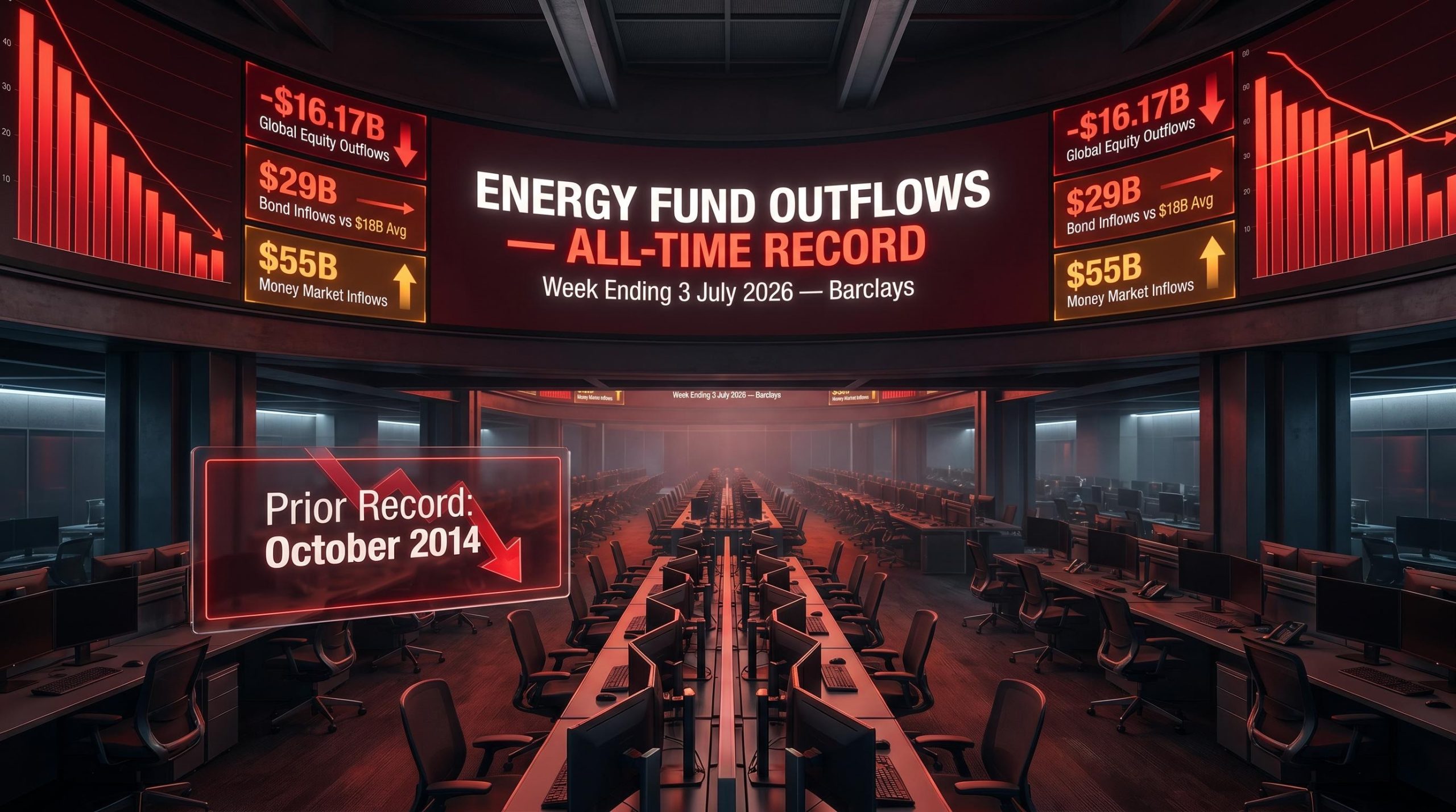 Trading screens show record energy fund outflows and $16.17B global equity redemptions in week ending 3 July 2026