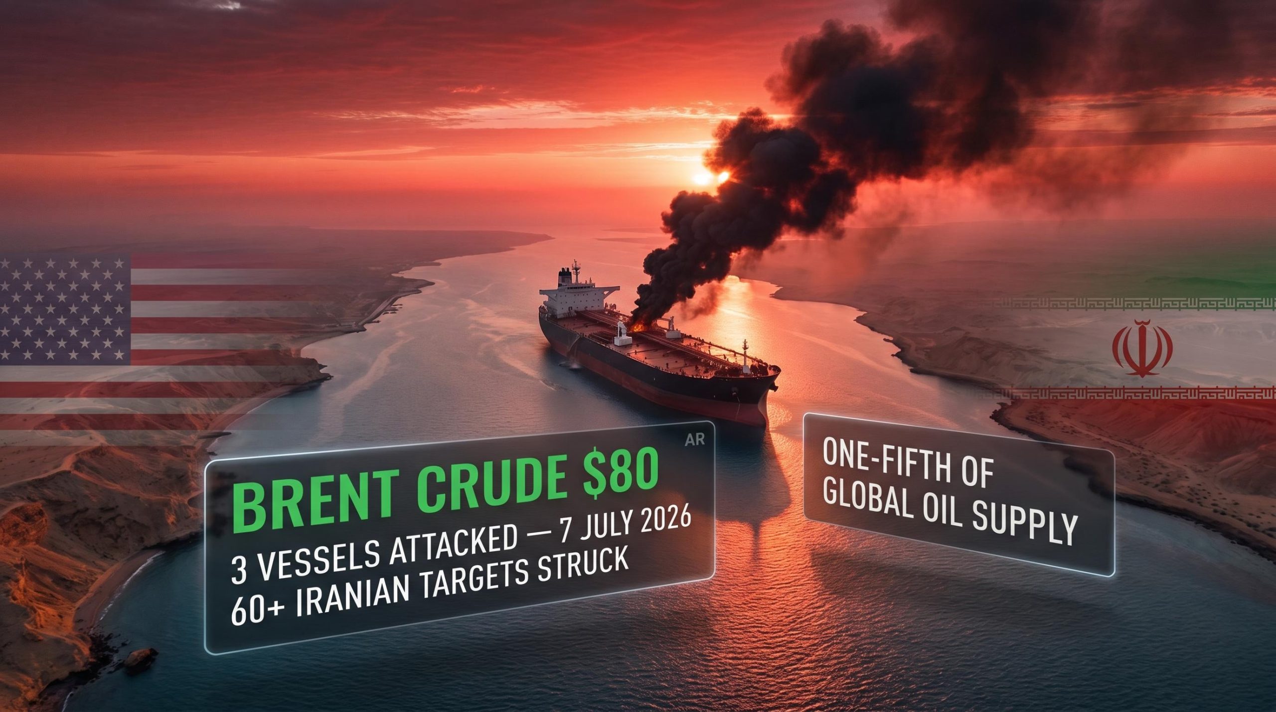 Burning tanker in Strait of Hormuz as Brent crude crosses $80 after US-Iran escalation on 7 July 2026