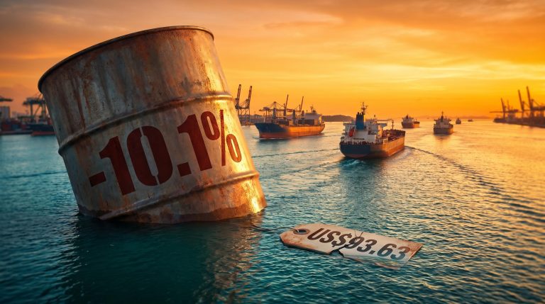 Brent crude barrel sinking into the Strait of Hormuz marked -10.1% as US$93.63 price tag floats in water