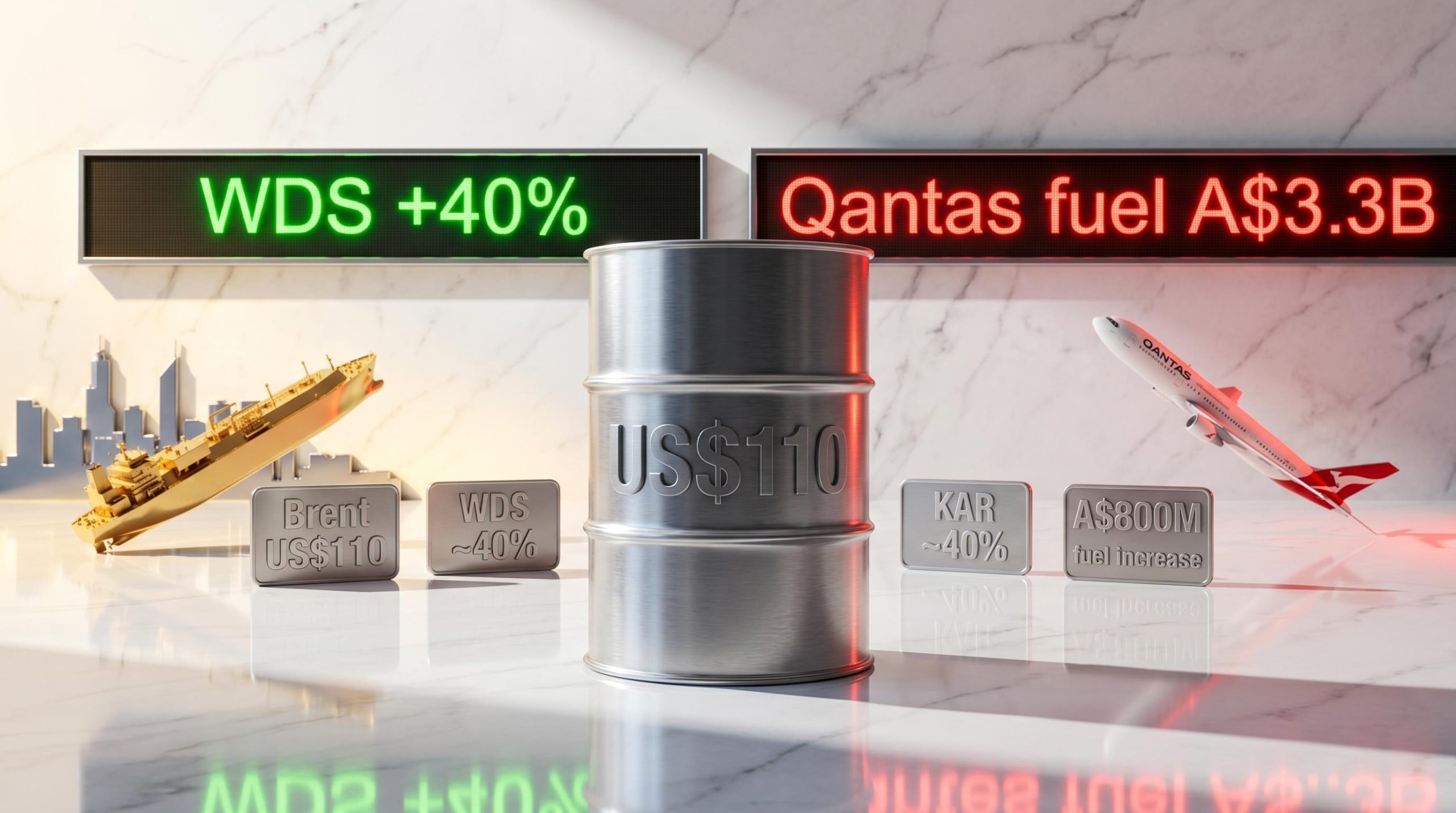 Steel oil barrel priced at US$110 beside WDS 40% and Qantas A$3.3B fuel cost plaques on marble — ASX oil prices split