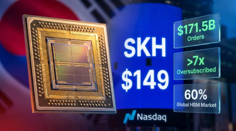 SK Hynix HBM chip in macro detail with Nasdaq screen showing $149 ADR price and $171.5B order book