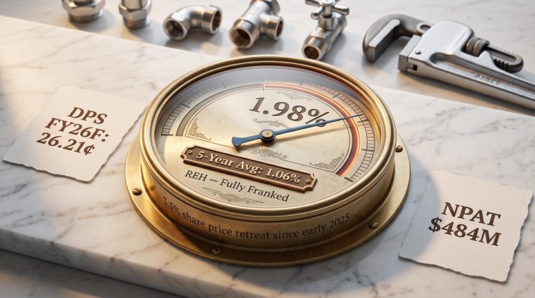 Reece Ltd dividend yield gauge at 1.98% vs 5-year average 1.06%, with FY26F DPS 26.21¢ on marble surface