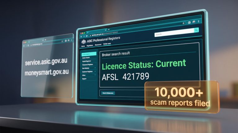 ASIC Professional Registers screen showing AFSL Current status with verify broker Australia data overlays