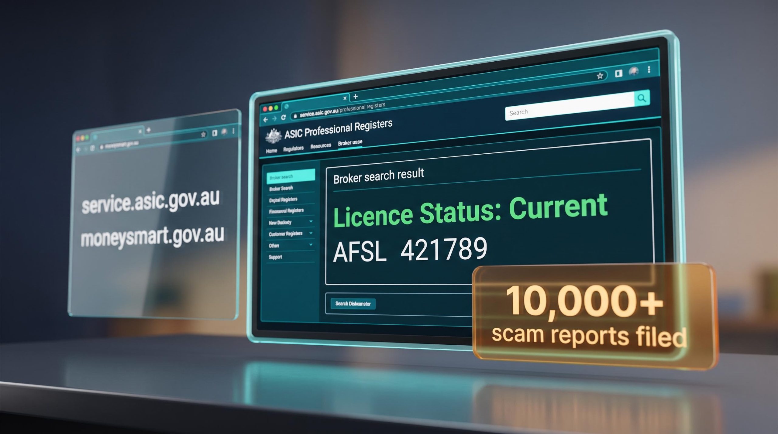 ASIC Professional Registers screen showing AFSL Current status with verify broker Australia data overlays