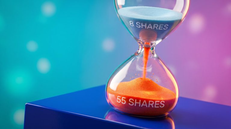 Hourglass with accelerating orange sand showing 8 shares rising to 55 shares, illustrating vertical spread delta near expiration