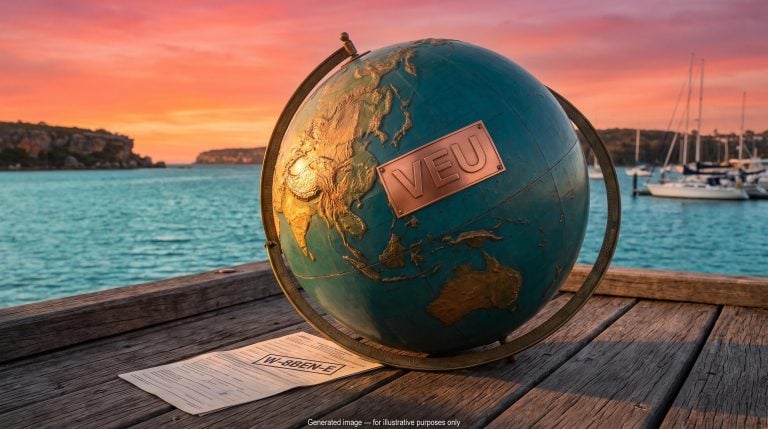 Brass globe turned away from the Americas with a VEU plate, illustrating VEU SMSF ex-US exposure at sunrise