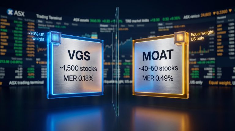 VGS vs MOAT ETF comparison panels showing fee and holdings contrast above ASX trading terminal data