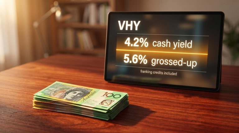 Australian banknotes stacked before a VHY ETF yield display showing 4.2% cash and 5.6% grossed-up income