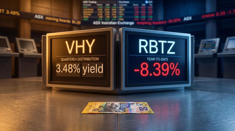 VHY income ETF vs RBTZ growth ETF screens on ASX floor showing 3.48% yield and -8.39% loss