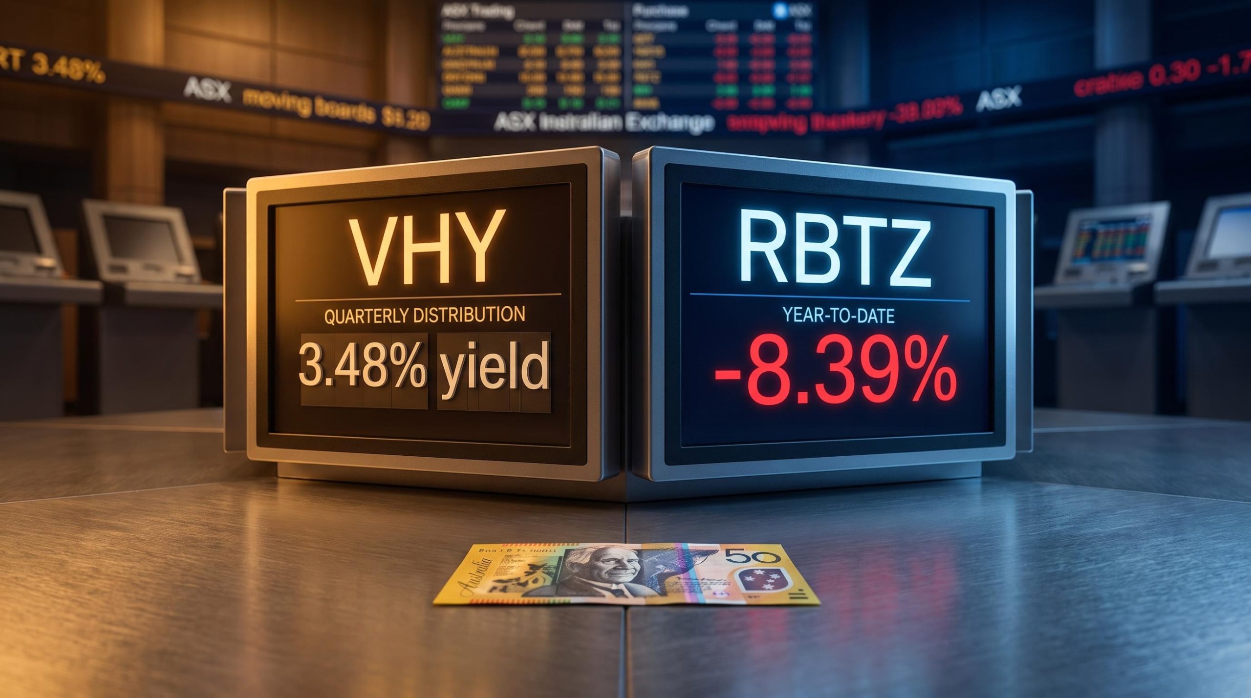 VHY income ETF vs RBTZ growth ETF screens on ASX floor showing 3.48% yield and -8.39% loss