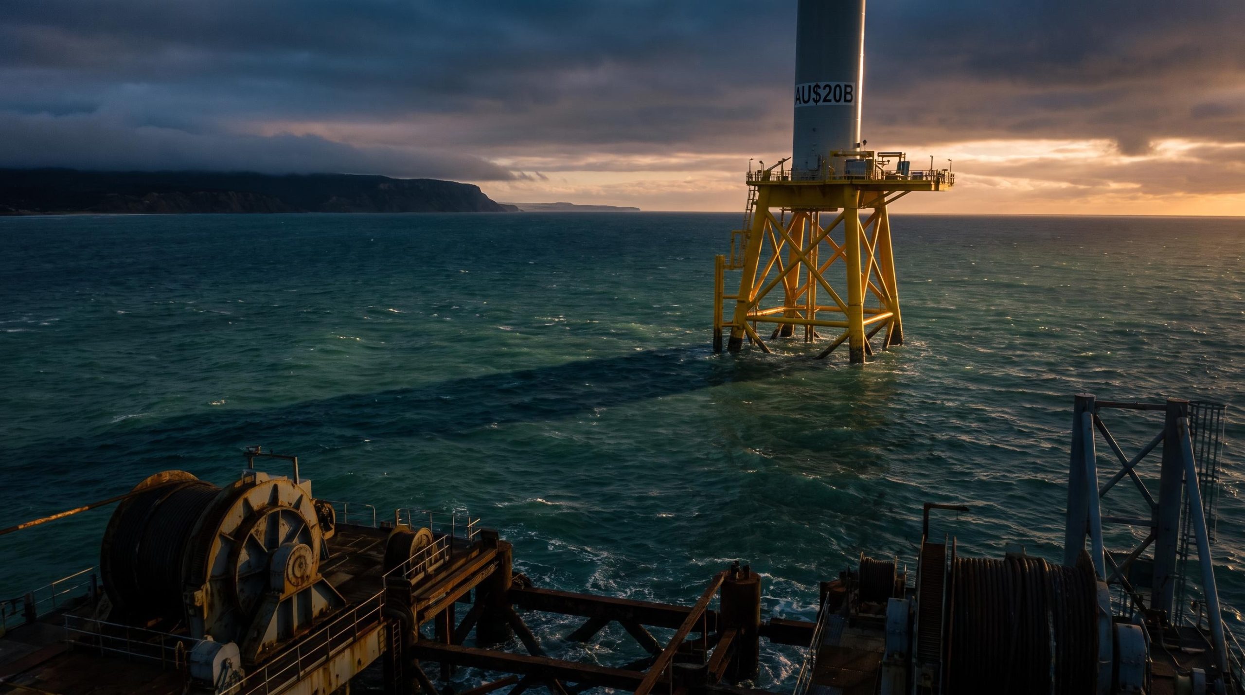 Single offshore wind turbine rising from Gippsland coast waters with AU$20B investment projection — Victoria offshore wind investment