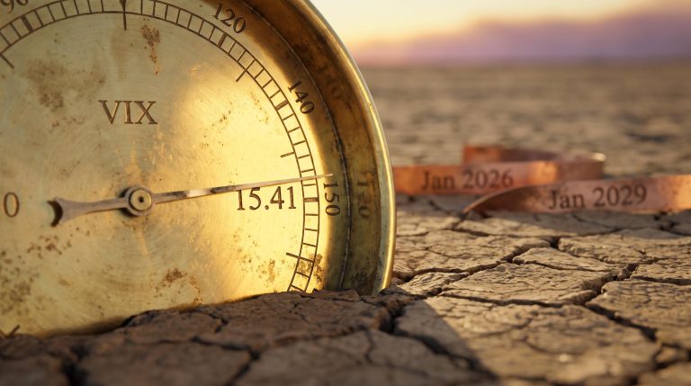 VIX gauge reading 15.41 on cracked earth with calm golden horizon — options strategies for volatile markets