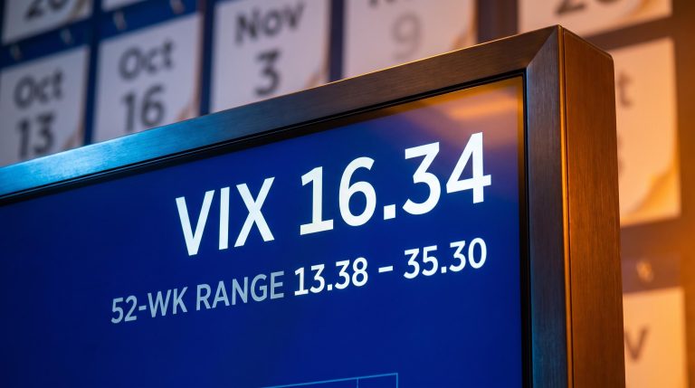 VIX at 16.34 on a glowing trading terminal — cheap equity hedges window before autumn binary events